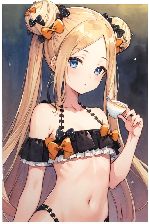 (masterpiece, top quality, best quality,watercolor (medium),official art, beautiful and aesthetic:1.2),(1girl:1.3), hmaw4, long hair, double bun, black bikini, collarbone, milktea
