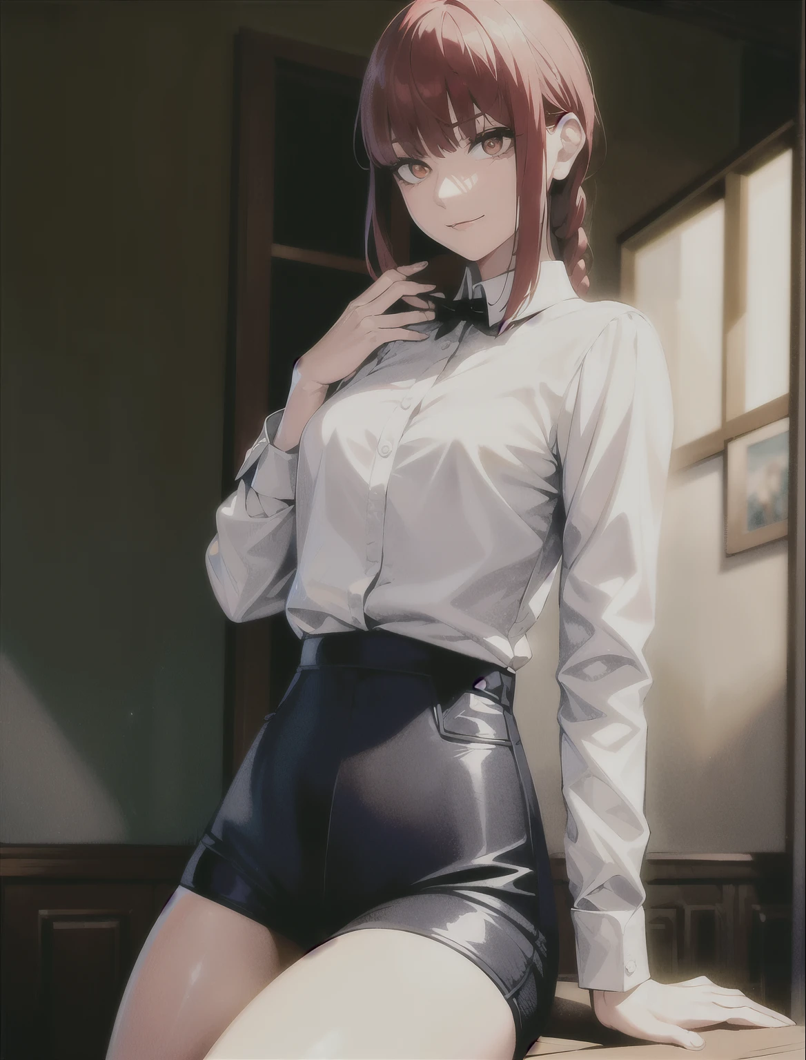 piel brillante detallada, (realista, photo-realista:1.4), una chica guapa, de pie, mirando por la ventana, Camisa blanca, camisa de cuello, corbata negra, black pants, mangas largas, leve sonrisa (rubor de nariz), ojos amarillos + ojos anillados, cabello corto + cabello rojo + pelo largo trenzado, manos \(Hombre de motosierra\) 