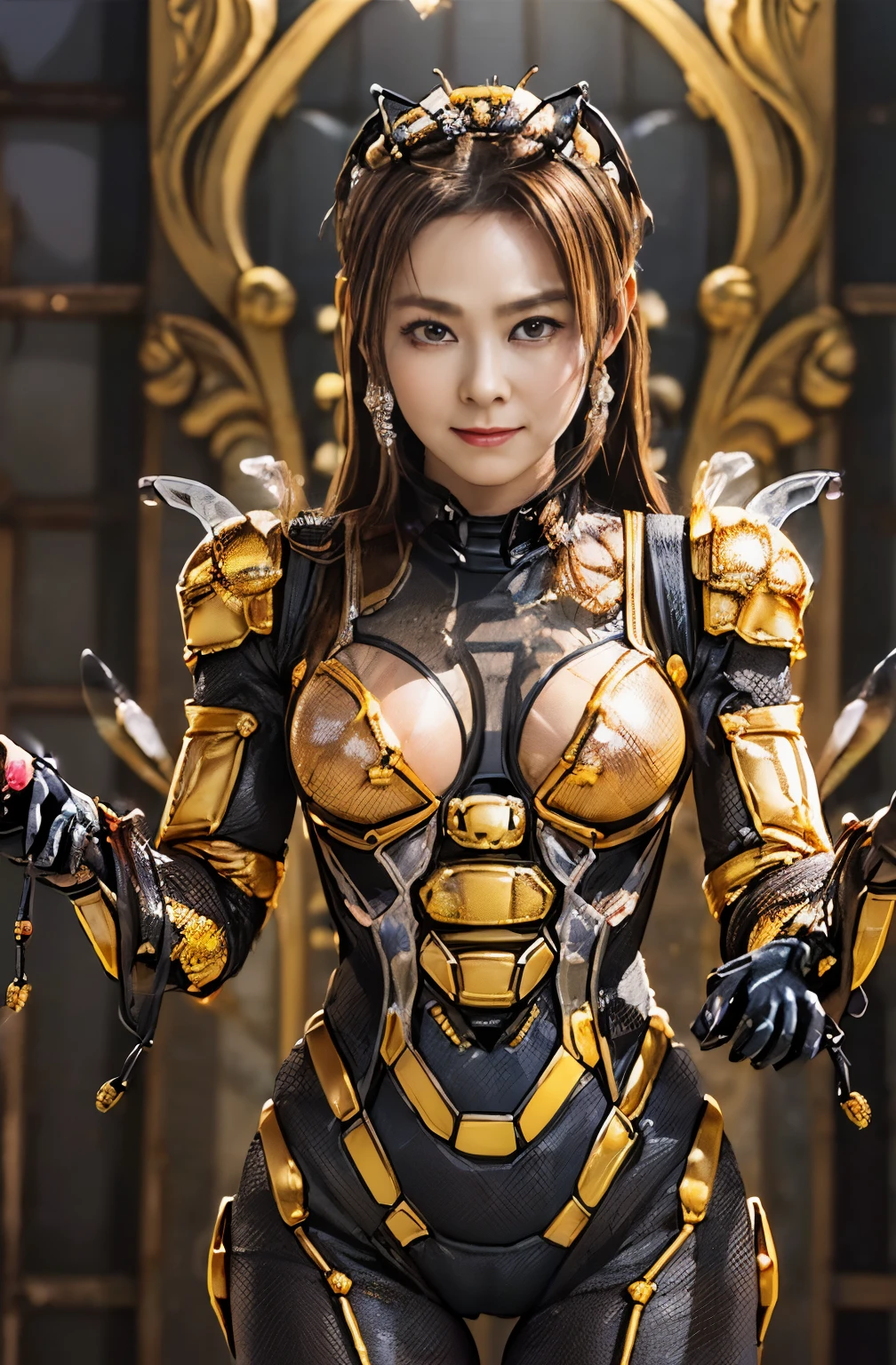 (high resolution,masterpiece,best quality,extremely detailed CG, anime, official art:1.4), realistic, photo, amazing fine details, all intricate, gloss and shiny,awesome many layers, 8k wall paper, 3d, sketch, kawaii, illustration,( solo:1.4), perfect female proportion,villainess, (fusion of queen bee and lady:1.4), (queen bee form lady:1.2), (queen bee lady:1.2), (fusion:1.2), (solo:1.4), (evil smile:1.2), muscular, abs, (queen bee exoskeleton bio insect suit:1.4), (cockroach brown exoskeleton bio insect armor:1.2), (brown transparency queen bee wing:1.4), (brown queen bee antennae:1.3),