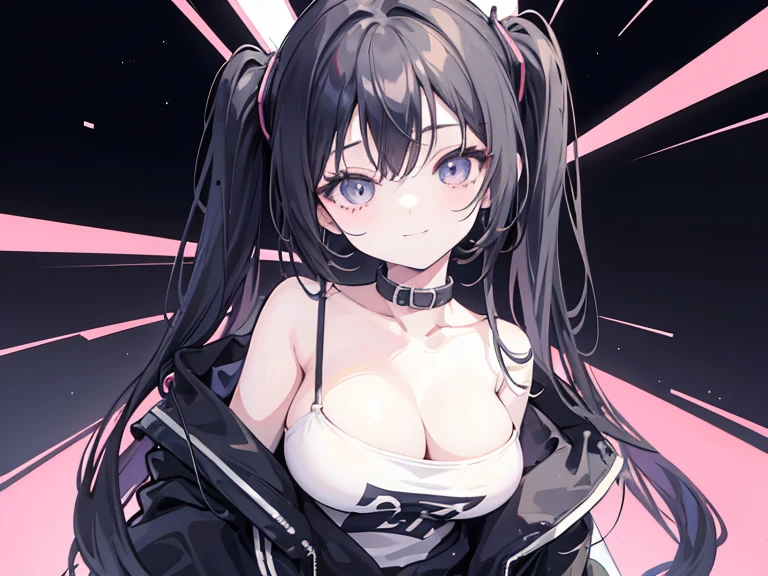 masterpiece,anime style,chibi,sexy girl,black hair,shoulder length hair with two pigtails,black jacket,with headphones,lo fi background,smiling,big breasts,listening to music,waiting on the right side of the image,showing cleavage,full body,standing,black t-shirt,perfect eyes,