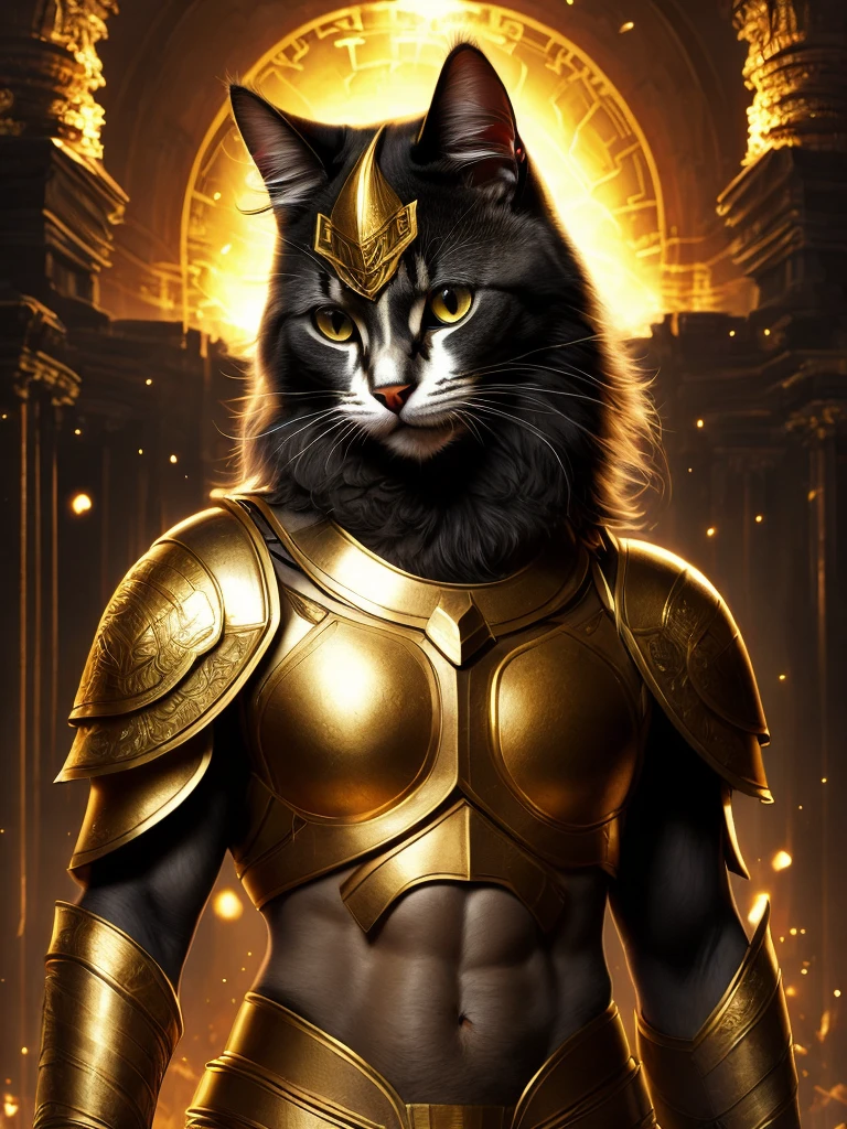 A cute cat as the doomslayer, realistic power armor, Create an image of a Cat in a GOD ARES Costume, a cat portraying a role of the God ARES, must be wearing a spartan warrior costume with 24k gold breast plates with its eye glowing red.. Must be seen Holding A huge warrior axe on its left and a golden warrior shield on the right hand, Must be standing like human.. Must look fierce and POWERFUL, Fur and paws must be featured so vividly. Background is ancient ruins full of spartan warriors with horror vibes. There must be fire in the background with hell like eerieness is an astral portal made of gold blazing plasma where the human like CAT as God ARES is coming out .. Terrifying Horror,Movie, Cinematic, Poster, ultra realistic, photorealism of a cat portraying the role of God ARES, High Contrast, photorealistic digital art, 8k HD resolution, best quality, ultra high resolution, astral Portal made of gold plasma with crackling effects in 3D high resolution poster , cinematic, 8k, hdr, ((intricate details, hyperdetailed)), (backlit:1.3), (cinematic:1.3), (ArtStation:1.3)