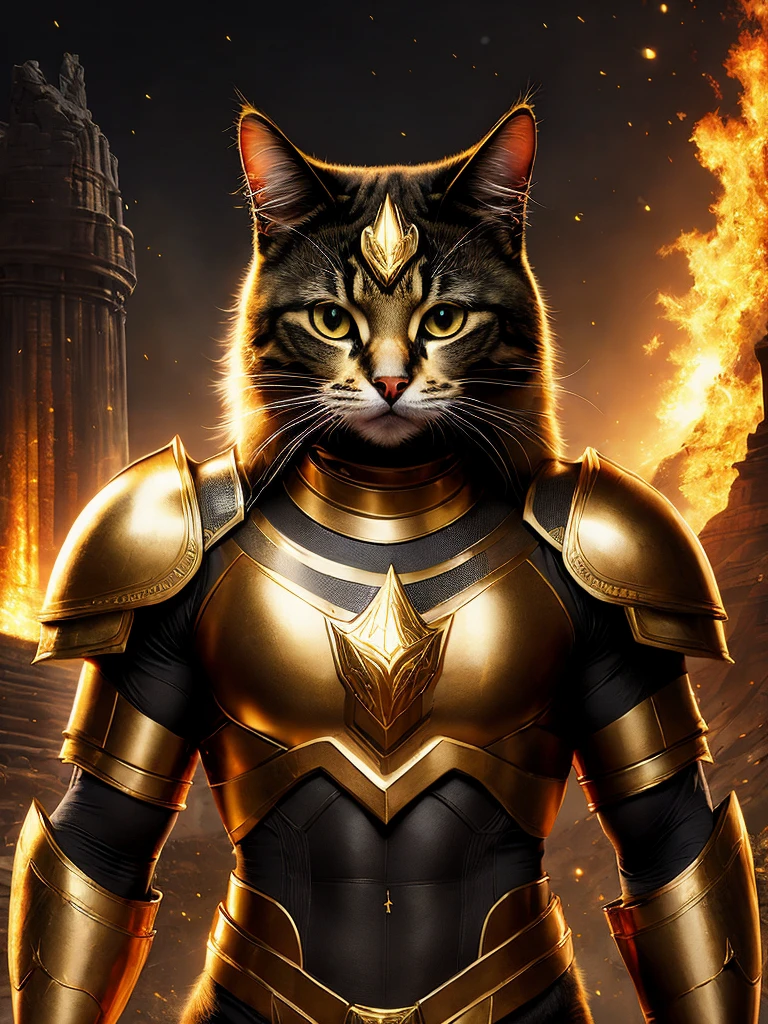 A cute cat as the doomslayer, realistic power armor,  Create an image of a Cat in a GOD ARES Costume, a cat portraying a role of the God ARES, must be wearing a spartan warrior costume with 24k gold breast plates with its eye glowing red.. Must be seen Holding A huge warrior axe on its left and a golden warrior shield on the right hand, Must be standing like human.. Must look fierce and POWERFUL, Fur and paws must be featured so vividly. Background is ancient ruins full of spartan warriors with horror vibes. There must be fire in the background with hell like eerieness is an astral portal made of gold blazing plasma where the human like CAT as God ARES is coming out .. Terrifying Horror,Movie, Cinematic, Poster, ultra realistic, photorealism of a cat portraying the role of God ARES, High Contrast, photorealistic digital art, 8k HD resolution, best quality, ultra high resolution, astral Portal made of gold plasma with crackling effects in 3D high resolution poster , cinematic, 8k, hdr, ((intricate details, hyperdetailed)), (backlit:1.3), (cinematic:1.3), (ArtStation:1.3)
