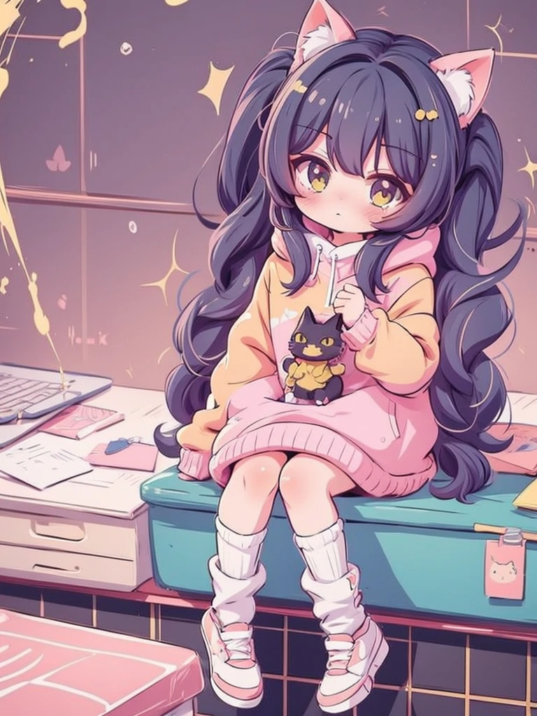 Cat-eared anime girl sitting at computer desk，There is a cat on his head, cute anime catgirl, anime girl with cat ears, beautiful anime catgirl, anime catgirl, Cute anime girl, Very beautiful anime cat girl, very beautiful cute catgirl, Cute anime style, style of anime4 K, lovely art style, Cute anime, Splash art anime 