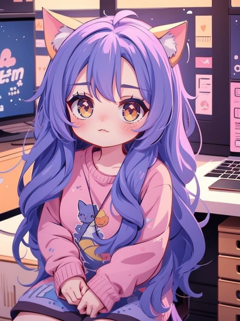 Cat-eared anime girl sitting at computer desk，There is a cat on his head, cute anime catgirl, anime girl with cat ears, beautiful anime catgirl, anime catgirl, Cute anime girl, Very beautiful anime cat girl, very beautiful cute catgirl, Cute anime style, style of anime4 K, lovely art style, Cute anime, Splash art anime 