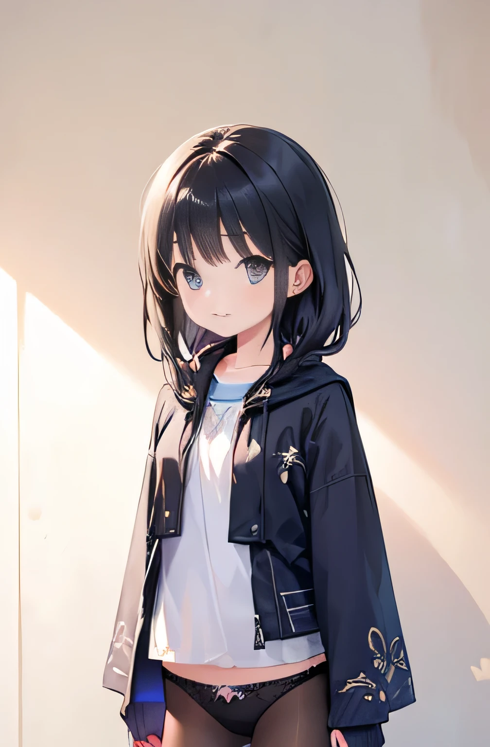 Girls  8 yearscho, small breasts, patterned cotton panties, black tights, fabric realistic, black hair, no jacket