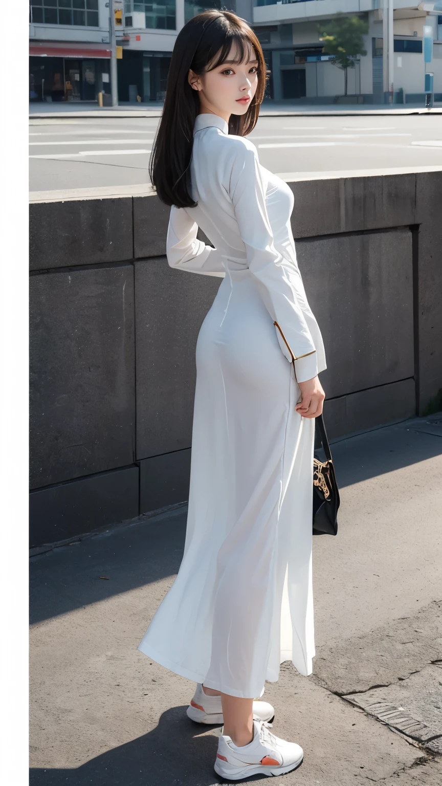 Beautiful woman, selfie in the middle of the street, long clothes, perfect figure