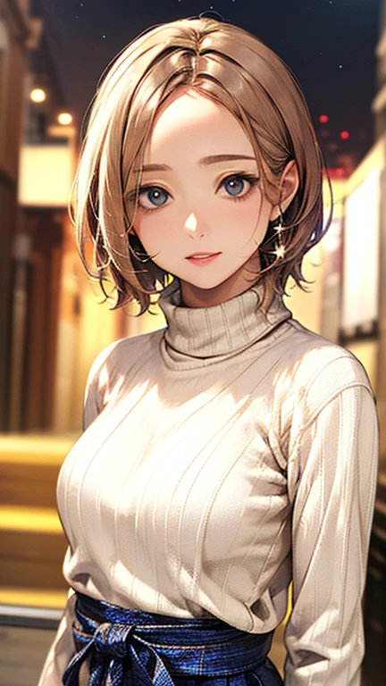 (Top quality masterpiece:1.2) Delicate illustrations, Very detailed, /Beautiful Japanese Woman、1 person,Very cute and slim、Excellent style 、((8K images、super high quality))、Very delicate face, Beautiful forehead、Beautiful thighs、Bright red lipstick,(((((short hair、Light brown hair、Blonde hair))))),very cute、Kind eyes,((((Tight sweater))))、starry skies、Tokyo night view