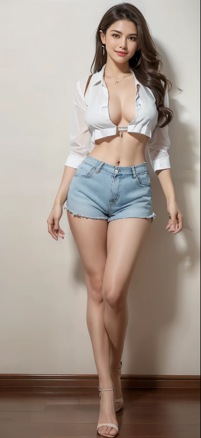 (full body lesbian:1.3),(best quality,4k,8k,highres,masterpiece:1.2),ultra-detailed,a beautiful girl,perfect face,transparent,(White short unbuttoned shirt),((wide open chest:1.5)),,slim abs,No bra:1.3,yoga shorts:1.3,(huge breasts),huge cleavage:1.4,view the viewer,happy smile