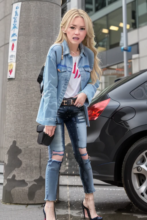 1girl,(solo:1.5),(solo focus:1.5),Cynthia,blonde hair,hair over one eye,hair ornament,very long hair,wavy hair,grey eyes,large breasts,desperation,standing,wetting self,peeing stain,fur collar,furr-trimmed coat,black jeans,embarrassed,humiliated,futuristic,city,neon lights,(best quality,4k,8k,highres,masterpiece:1.2),ultra-detailed,vivid colors,sharp focus,long hair flowing in the wind,(colorful skyscrapers:1.5),reflection in the wet pavement,expressions of desperation and embarrassment captured perfectly,futuristic cityscape as the background,streets lined with towering buildings,intricate details in Cynthia's face and hair,subtle reflections in her grey eyes,subtle blush on her cheeks,revealing her embarrassment,intricate details depicting the large pee stain on Cynthia's jeans, legs of jeans really soaked with pee, show heels