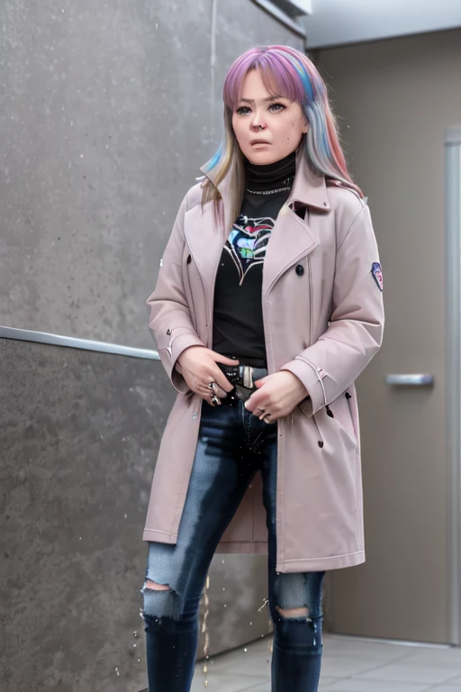 1girl,(solo:1.5),(solo focus:1.5),Cynthia,blonde hair,hair over one eye,hair ornament,very long hair,wavy hair,grey eyes,large breasts,desperation,standing,wetting self,peeing stain,fur collar,furr-trimmed coat,black jeans,embarrassed,humiliated,futuristic,city,neon lights,(best quality,4k,8k,highres,masterpiece:1.2),ultra-detailed,vivid colors,sharp focus,long hair flowing in the wind,(colorful skyscrapers:1.5),reflection in the wet pavement,expressions of desperation and embarrassment captured perfectly,futuristic cityscape as the background,streets lined with towering buildings,intricate details in Cynthia's face and hair,subtle reflections in her grey eyes,subtle blush on her cheeks,revealing her embarrassment,intricate details depicting the large pee stain on Cynthia's jeans, legs of jeans really soaked with pee, show heels