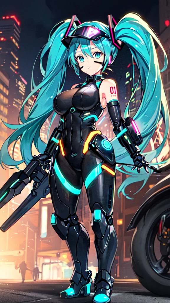 1girl, solo, (hatsune miku), big breasts, aqua hair, aqua eyes, twintails, heavy cybernetic boots, heavy cybernetic gauntlets, heavy cybernetic leotard, high heels, (heavy cybernetic visor:1.1), cybernetic face mask, cybernetic armor plating, mechanical parts, determined, glowing neon, thrusters, armor cooling vents, android, science fiction, motorcycle, mobile suit, good_face:0.8
