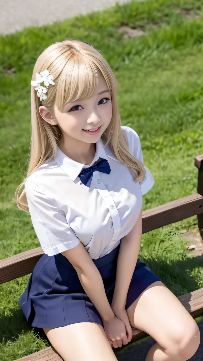 Browsing Caution、8k,highest quality, masterpiece, Very detailed, Ultra-high resolution, Realistic, RAW Photos, , Absolute Resolution, Complete limbs、Complete Anatomy、Perfect beautiful skin、pretty girl1人,Cute girl 、、(smile:1.2)、Gal、、(Short sleeve white collar shirt:1.1)、bow tie 、、Micro Mini Skirt、、Accentuate your thighs、、(Emphasize cleavage:0.6)、(blonde:1.2)、、、pretty girl、 , Realistic young gravure idol, Japanese Girls、、alone、(Midsummer schoolyard:1.2)、Sit on a bench、From above、
