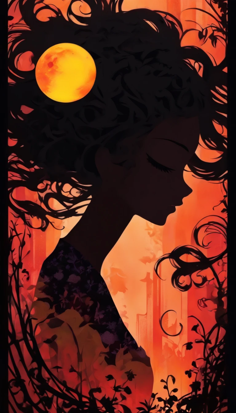 (Silhouette Art,cutouts:1.6)
(((Paper cutting art,A world where only black exists:1.3)

1 girl,Solo,
Straight Hair(long hair Girl,profile:1.2),white, Clear and beautiful face,Black 、Full Moon Behind

break
(amarelo　Red:6.1)
Textured glass background,