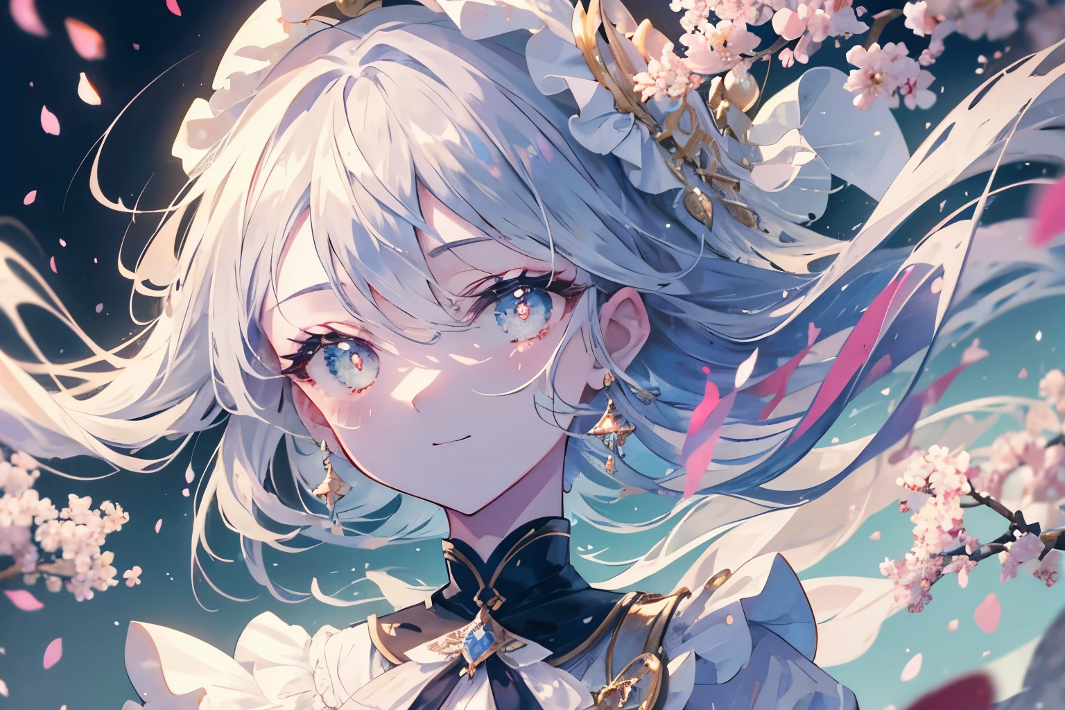 Create a high-quality illustration of a fantastical scene with cherry blossoms fluttering in the air, featuring a beautiful boy. The illustration should evoke a sense of nostalgia and enchantment, with intricate details and a dreamy atmosphere. From the delicate petals drifting through the air to the serene expression on the boy's face, every element should be meticulously crafted to immerse the viewer in a nostalgic and magical moment. best quality, masterpiece, expressive eyes, gorgeous, vivid, perfect face, smile, happyness, 2eyes, emotion, detailed pupils, vivid pupils,stunning, life, relfection, peace, warm, compsition, artistic, 4k, wallpaper, bonnet, wind, glowing eyes