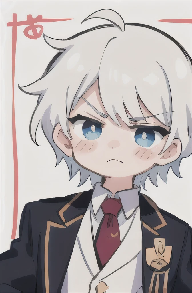 there is a boy( 18 years old ) Disciplined White hair, wearing a white suit Always frowning