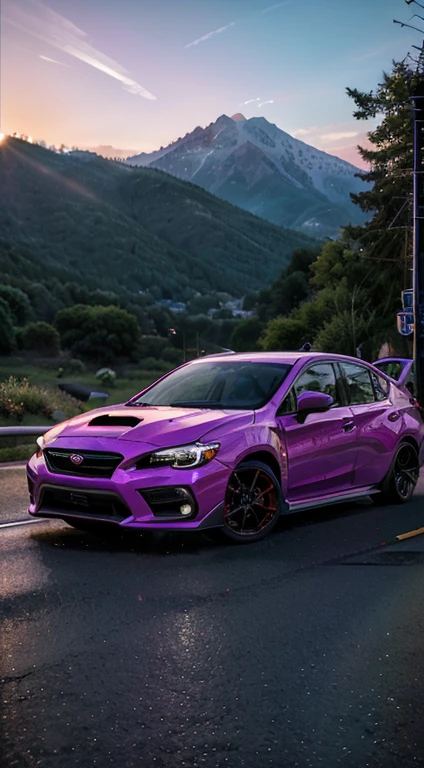 retrowave. 2020 subaru wrx sti on the road road, purple neon lights, sun, mountain, walpaper, best quality, perfect quality, photorealistic, ultrarealistic, absurde, (masterpiece,detailed,highres),