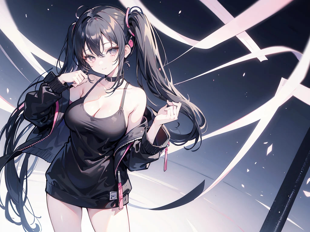 masterpiece,anime style,chibi,sexy girl,black hair,shoulder length hair with two pigtails,black jacket,with headphones,lo fi background,smiling,big breasts,listening to music,waiting on the right side of the image,showing cleavage,full body,standing,black t-shirt,alone,