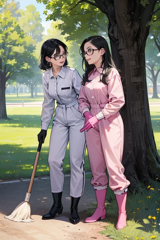 Two mature women with black hair and glasses wearing blue long sleeve jumpsuits and pink long rubber gloves and white rubber boots are cleaning up the park