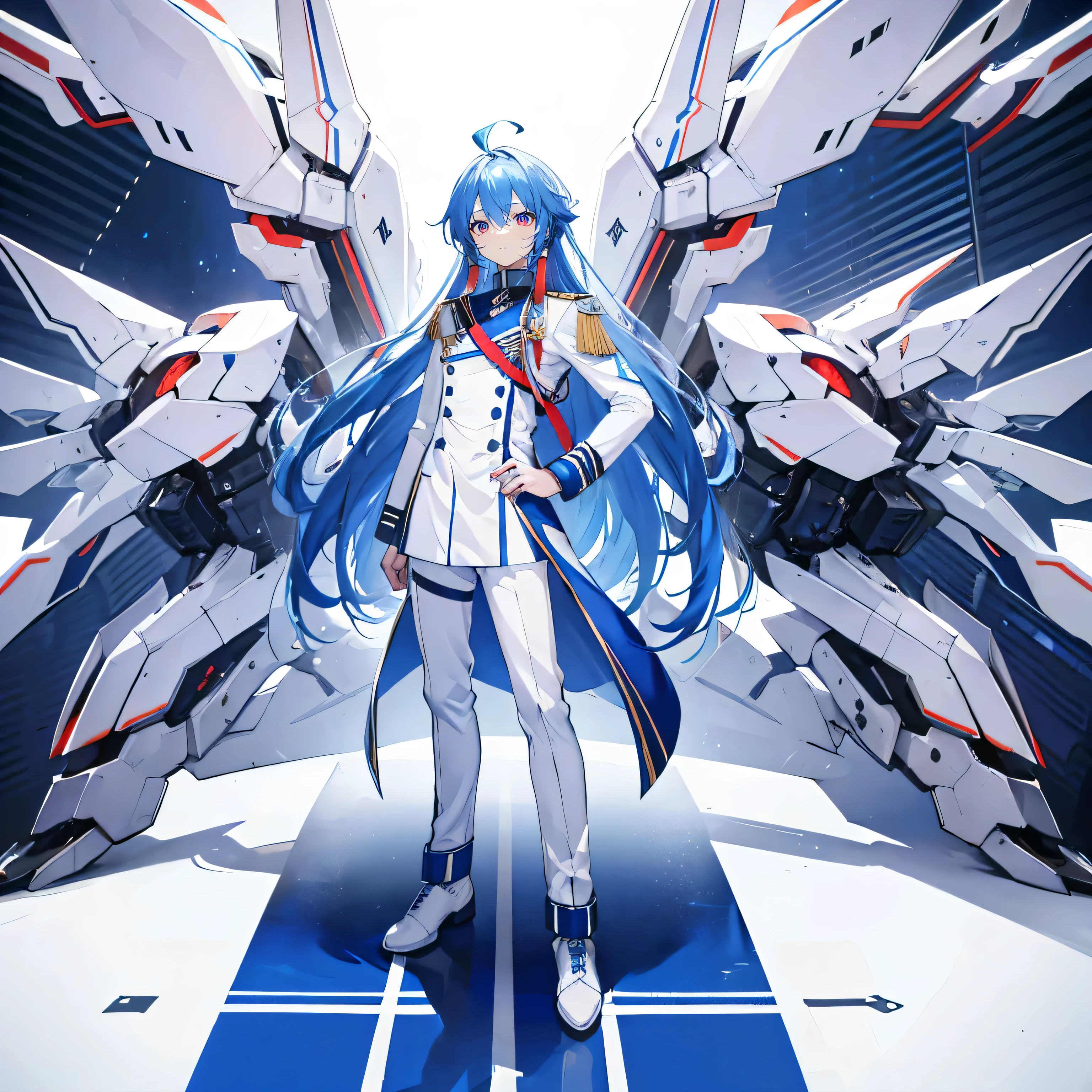 Blue long hair,Ahoge,White Uniform,student,boots,whole body,Standing with arms crossed,The background is white,boy,White trousers,Red eye color,Mecha