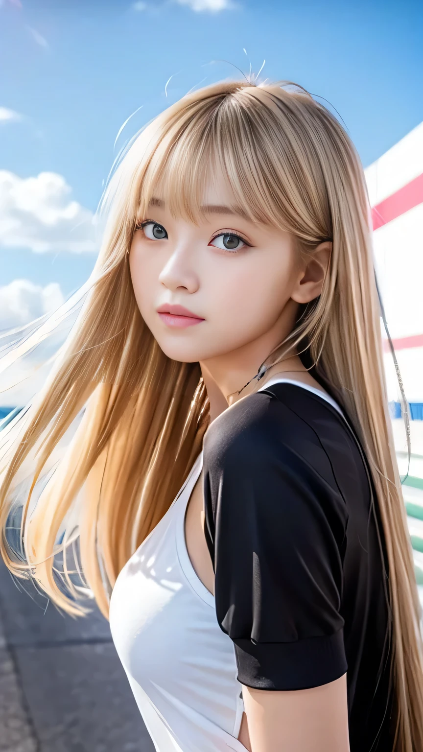 Sexy big 、15 year old beautiful girl sexy cute looks and cute, beautiful and sexy face、A strong wind blows my hair in front of my face、Beautiful blonde straight hair with beautiful cute sexy eyes hidden by her long bangs