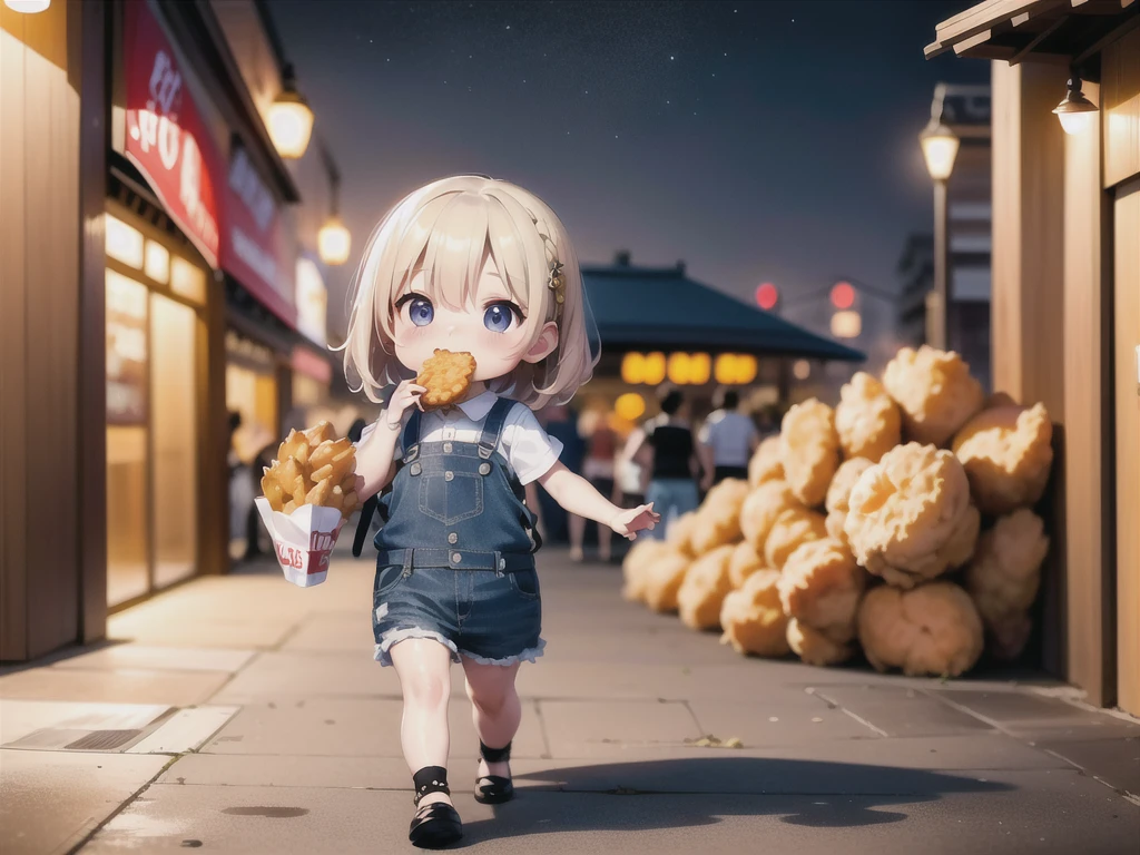 8K, UHD, HD details, masterpiece, ((best details)), ((high quality)), in the night food street, a cute  wearing suspender jeans and short-sleeved vest, eating fried chicken nuggets while walking