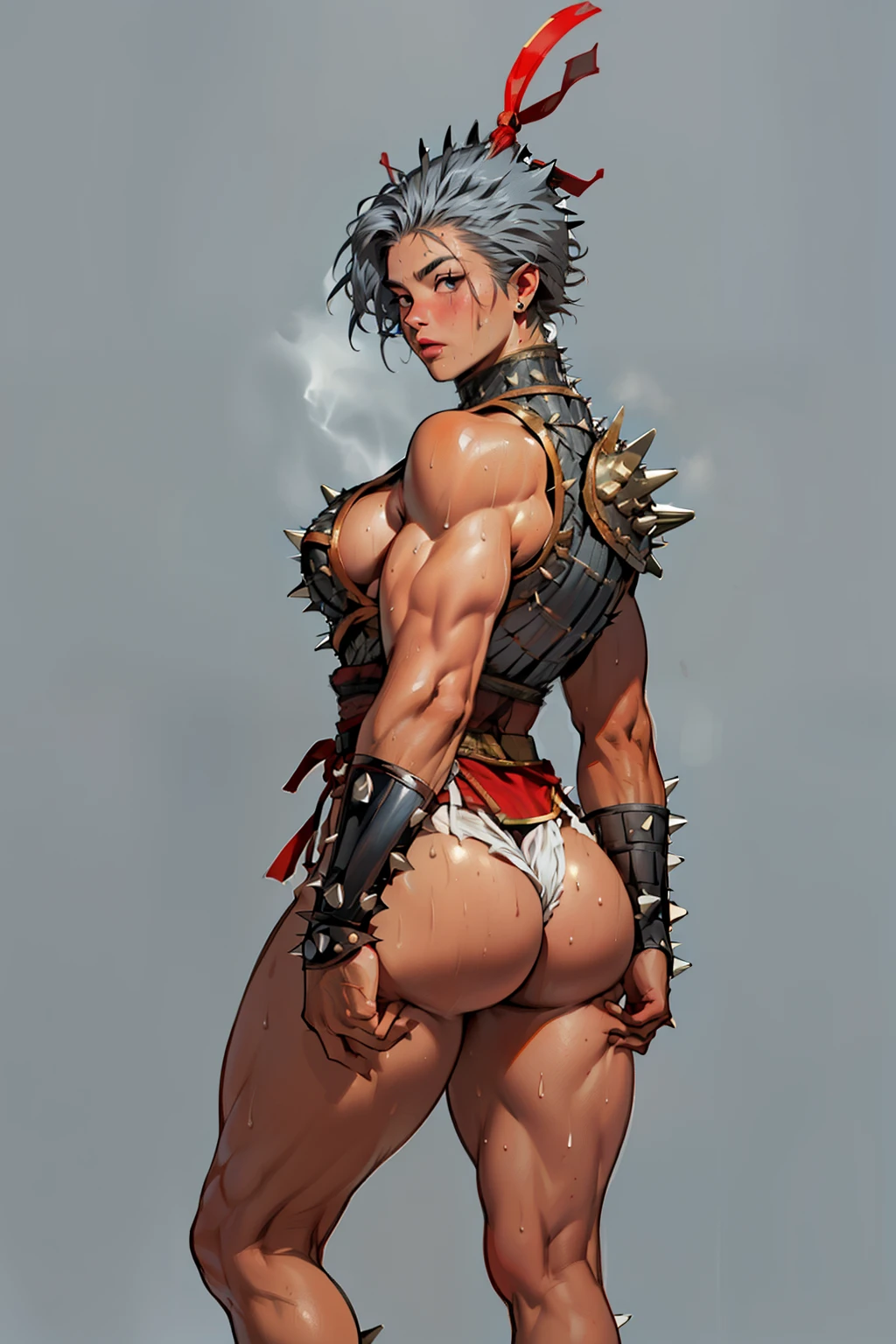 (high resolution, pixel perfect, realistic, gorgeous illustrations), (hyper quality, muste piece, etheric: 1.4), (((1girl))), ((((black skin)))), clothed, (((((((Buttlift))))))), (((((((stand,open legs))))))), tattoo, mature woman, cool atmosphere, ((grey hair)), (((((((Spiky hair))))))), ((Exquisite face)), (clear face), (((((((muscular))))))), ((thick thighs)), (((wide hips))), ((Big breasts that are about to burst)), fighter, (((woman))), ((((wh_chi_armor)))),  ((leotard)), ((((loincloth)))), (shiny skin), ((((gleaming skin)))), (((sweat))), simple background,