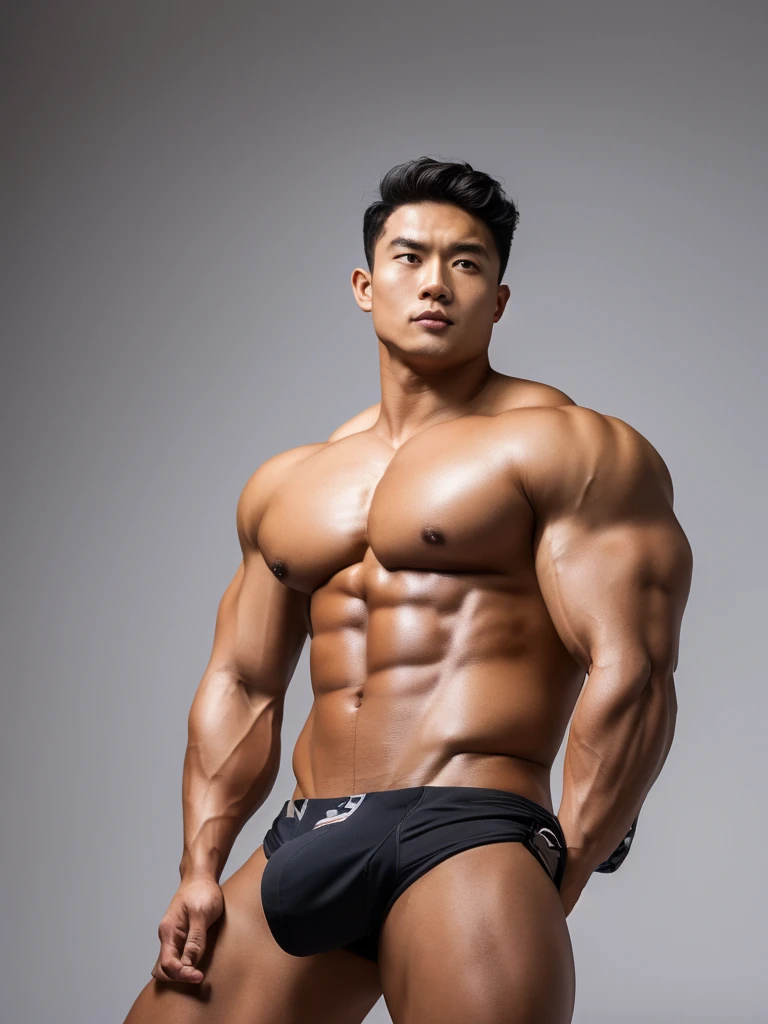 Masterpiece, Best Quality, Solo, Asian Actor Men, big muscular, wide shoulder, big triceps, studio simple background, good lighting, Natural eyes, Short and delicate black hair, Sexy Man, looking at the viewer, shirtless, sexy bikini, huge bulge, Small plots, standing, Muscular posture, pubes