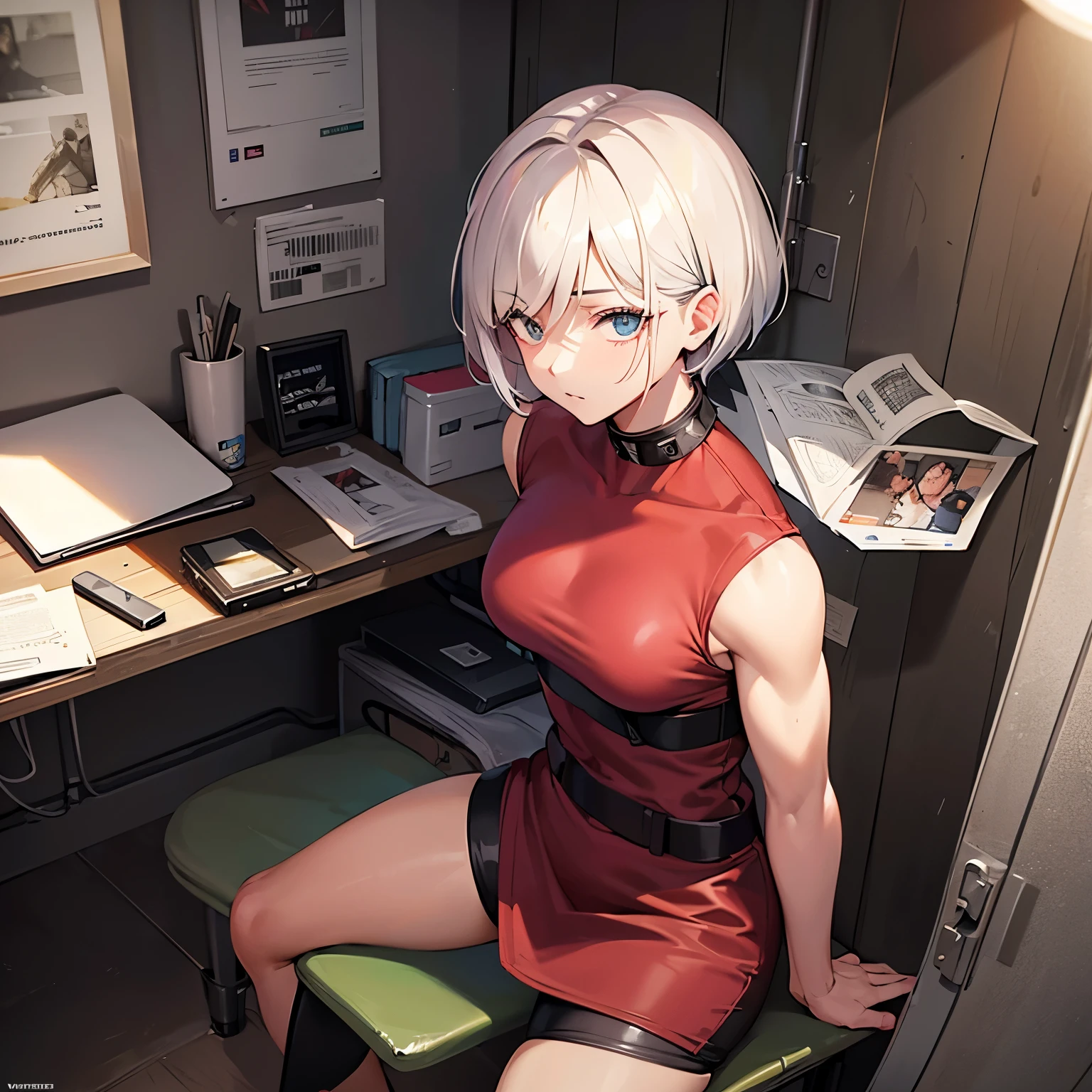 Can you make a picture of a short haired anime woman, muscular physique, ropa de prision, in a cell while sitting on her cot