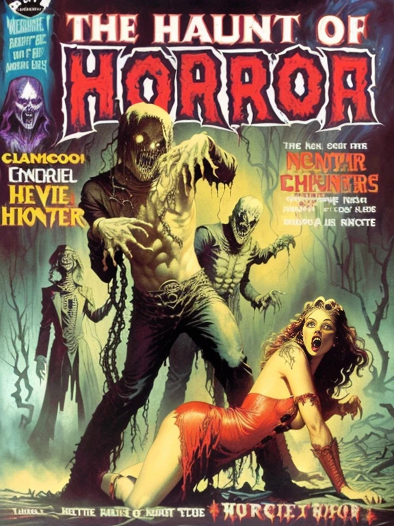 the haunt of Horror magazine cover, vintage Horror, Inspired by Earl Norem, vintage Horror art, Horror”, Horror ”, lovecraftian Horror!, lovecraftian Horror!!, Inspired by Bernie Wrightson, Horror!! Very detailed, eerie Horror, Horror, cosmic Horror!!!, cosmic Horror!!, Bernie Wrightson's style, Horror image, satanic Horror, bodyHorror