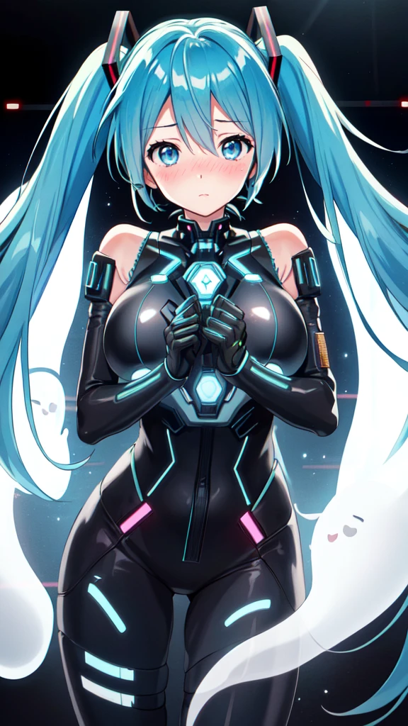 Hatsune Miku Vocaloid, Twin Tails, Light Blue Eyes, Light Blue Hair, Pichi Pichi Bodysuit, Cyber punk, Ghost in the Shell, Ultimate Physical Beauty, Beautiful Eyes, embarrassed look , ((Big Breasts)), 8K CG, Top Quality, Best Image Quality,