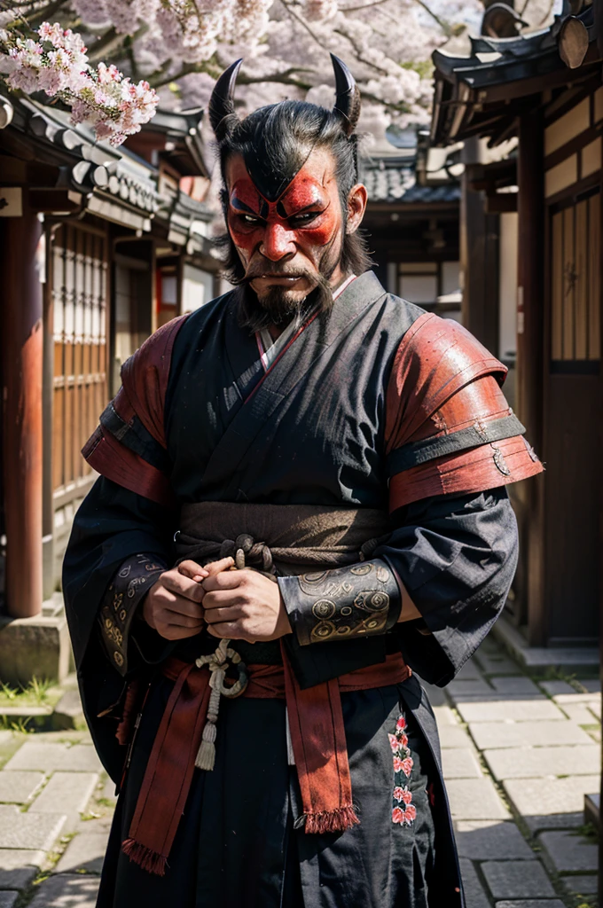 watercolor painting of a Oni supervillain, adorned in a traditional demon mask and samurai armor, standing amidst the vibrant cherry blossoms of Kyoto.