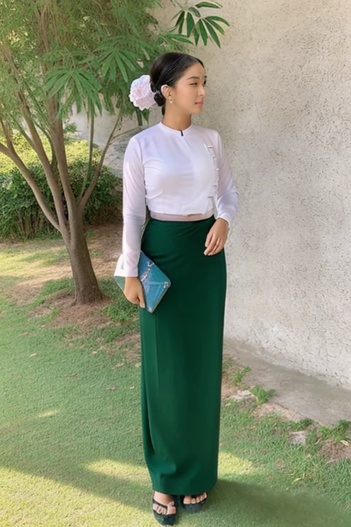 A school teacher is 60years old.Tall, thin, big hips, big breasts, blonde hair, small lips, blue eyes, attractive, 64K.Top=white Burmese blouse,With long sleeves,Buttoned at the side.Bottom=(Dark green) long skirt.
Footwear=female Burmese sandals,The hair is knotted bun.European.Nun Headpiece.