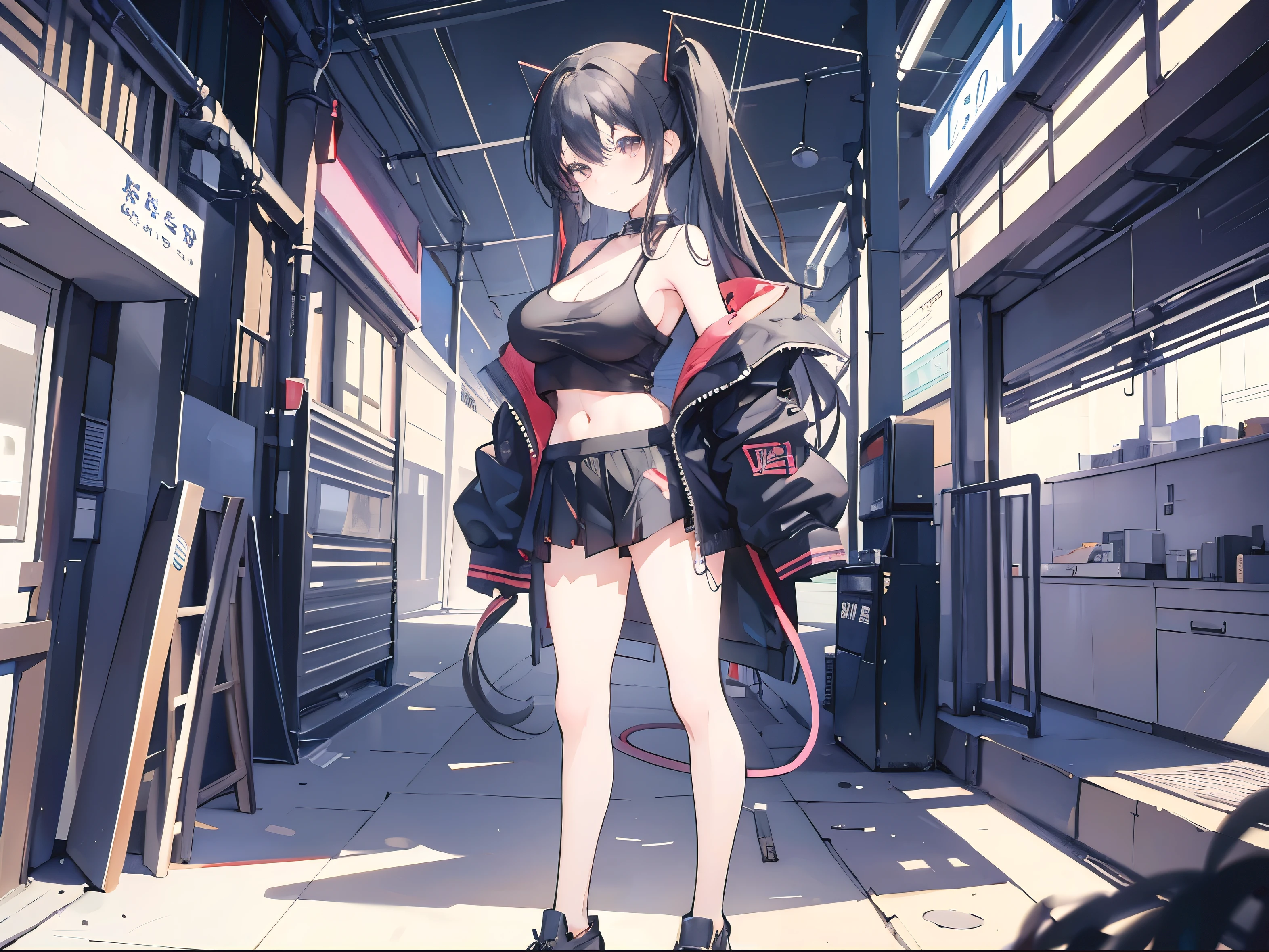 masterpiece,anime style,chibi,sexy girl,black hair,shoulder length hair with two pigtails,black jacket,with headphones,lo fi background,smiling,big breasts,listening to music,waiting on the right side of the image,showing cleavage,full body,standing,black t-shirt,