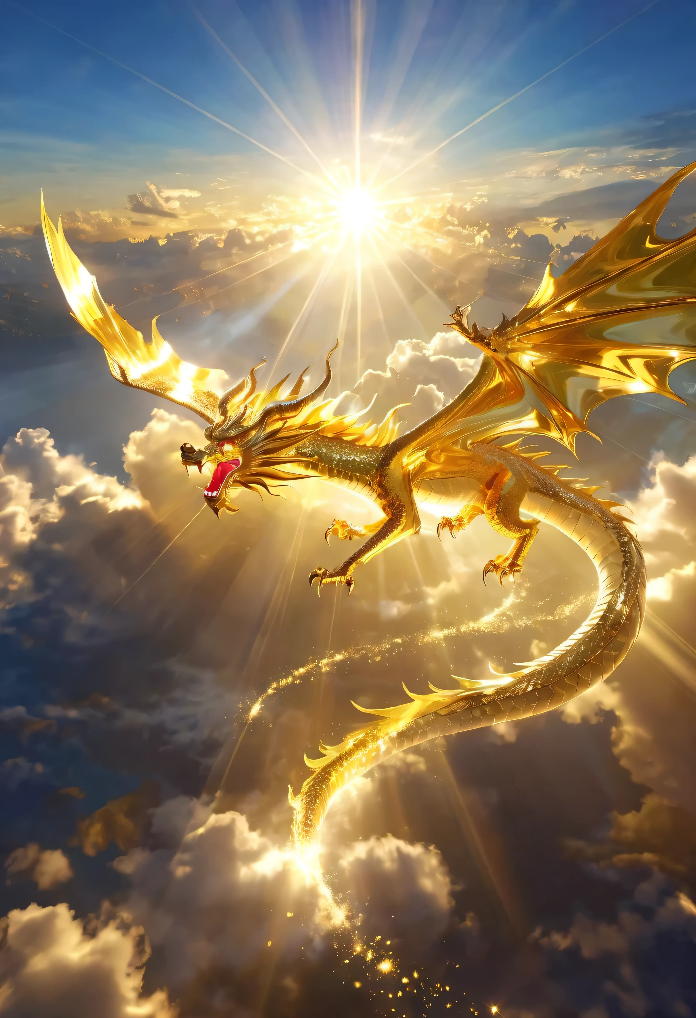 A golden dragon spreads its wings and flies in the sky、A dazzling light that paints everything in gold、god々Area、A mystical city rising into the sky、Digital Art, The clouds clear and the shining sun appears, On Ascension Day，Golden Sun、Cities in the sky、god々Utopia of、There is one relic。Lens flare、Angel Ladder、
