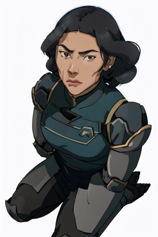 the legend of korra, masterpiece, best quality, ultra-detailed, portrait of beautiful LinTLOK, Black uniform, plated armor, mature female, looking_at_viewer, closed_mouth, simple_background, portrait, volumetric lighting,intricate details, tonemapping, full body, hyper detailed, trending on Artstation,  