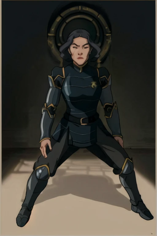 the legend of korra, masterpiece, best quality, ultra-detailed, portrait of beautiful LinTLOK, Black uniform, plated armor, mature female, looking_at_viewer, closed_mouth, simple_background, portrait, volumetric lighting,intricate details, tonemapping, full body, hyper detailed, trending on Artstation,  