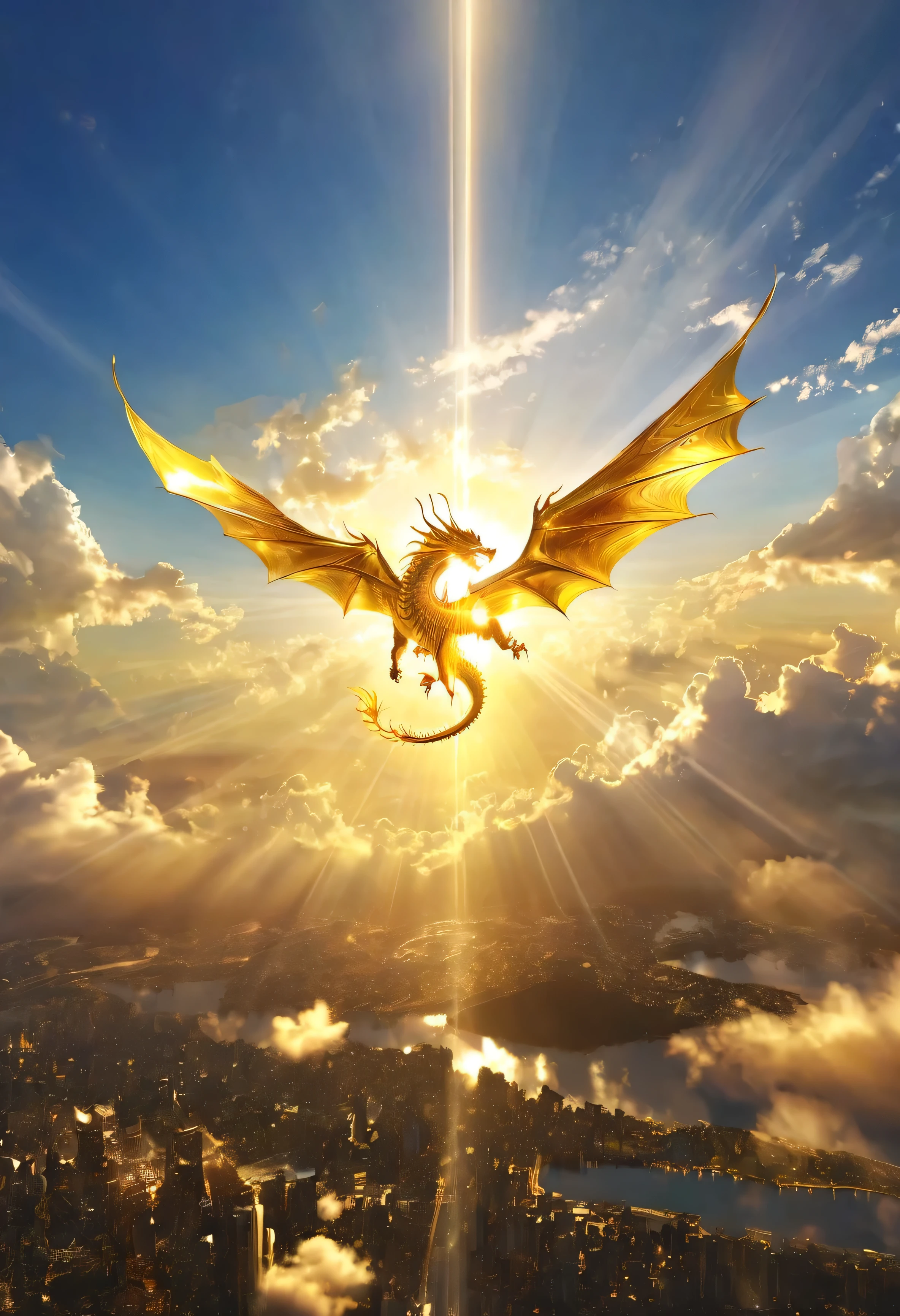 A golden dragon spreads its wings and flies in the sky、A dazzling light that paints everything in gold、god々Area、A mystical city rising into the sky、Digital Art, The clouds clear and the shining sun appears, On Ascension Day，Golden Sun、Cities in the sky、god々Utopia of、There is one relic。Lens flare、Angel Ladder、