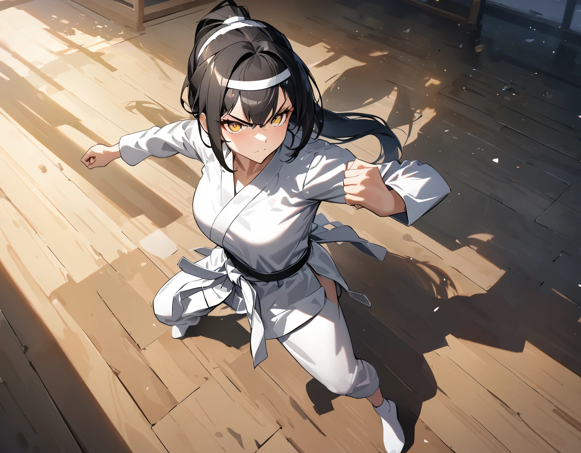 A woman wearing a white karate uniform, black belt around her waist, long black hair, yellow eye, ponytail hair, with white headband, with fighting stance, in a dojo, standing, serious face, full body,drop shadow, atmospheric perspective, bloom, 8k, super detail, ccurate, best quality, UHD, anatomically correct, textured skin, high quality, highres, best quality ( solo woman)
