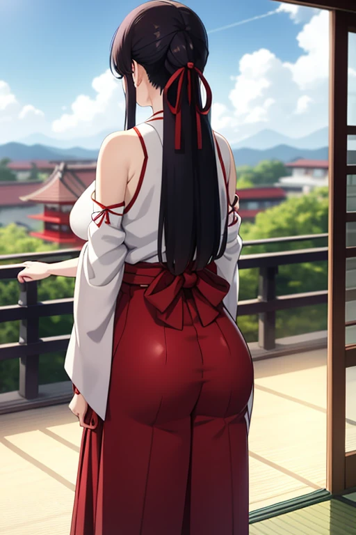 1girl, bangs, bare_shoulders, blue_sky, large breasts, brown_eyes, cloud, cloudy_sky, day, detached_sleeves, fence, hair_between_eyes, hair_ribbon, hakama, hakama_skirt, japanese_clothes, kimono, large_breasts, long_hair, looking_at_viewer, obi, railing, red_hakama, red_ribbon, ribbon, sash, shouji, sky, sliding_doors, solo, tree, veranda, white_kimono
((best quality)), ((masterpiece)), (detailed), Sagirin, back view, ass, big ass shape, tight hakama, gigantic breasts,