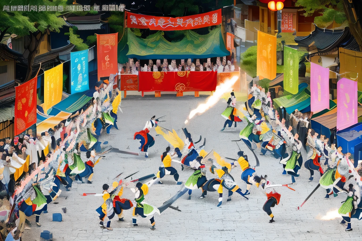 A group of people dancing in the Chinese style, Arafud image, Fight scenes, gta chinatowon art style, Traditional Arts, by Sheng Maoye, People are fighting, Battle Scene, heroic Battle Scene, Fierce battles, by Liu Haisu, by Wang Yi, Fighting scenes, The album cover, author：Xi Gang, Hand drawn cartoon art style