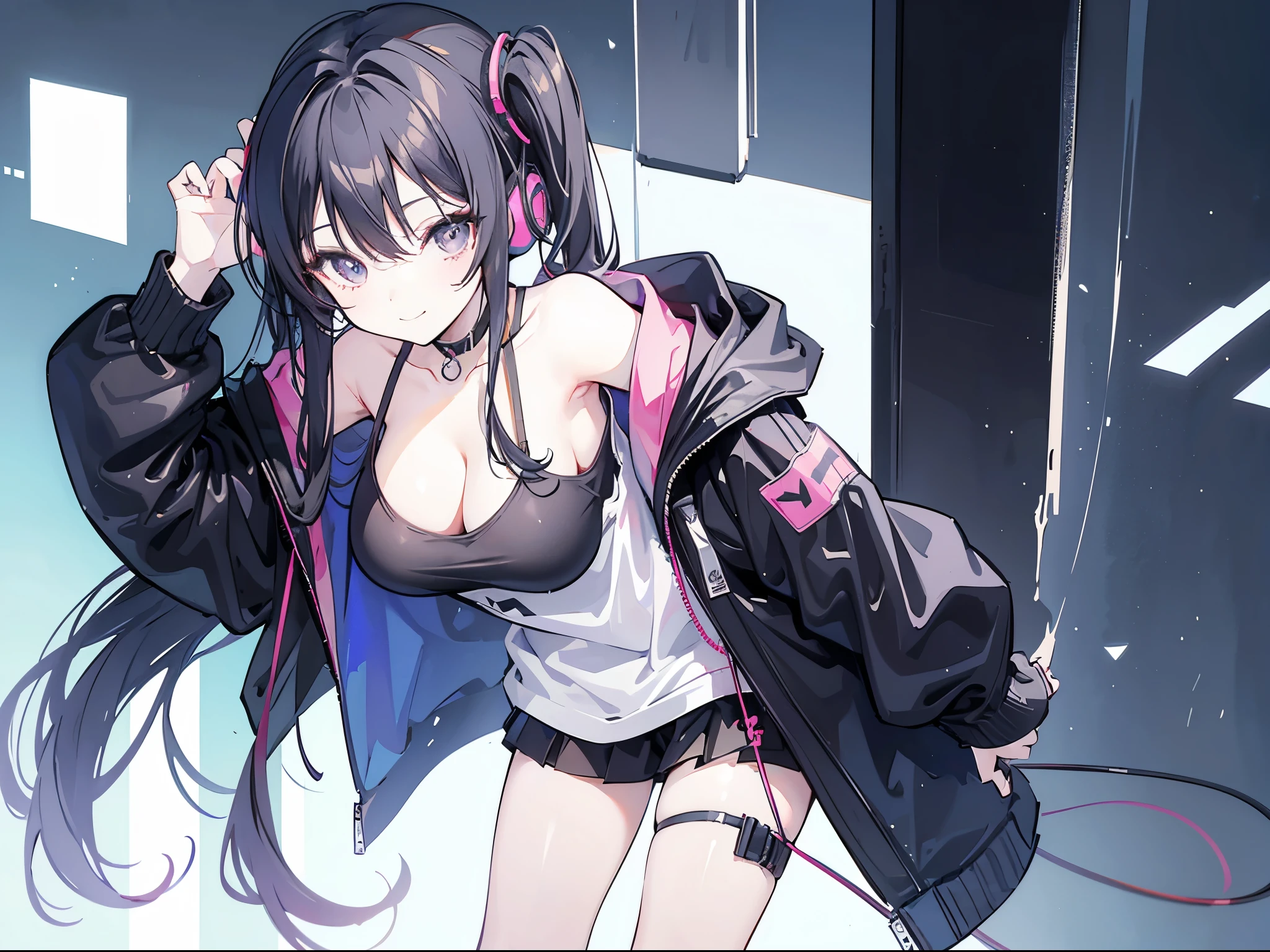 masterpiece,anime style,chibi,sexy girl,black hair,shoulder length hair with two pigtails,black jacket,with headphones,lo fi background,smiling,big breasts,listening to music,waiting on the right side of the image,showing cleavage,full body,standing,black t-shirt,alone,