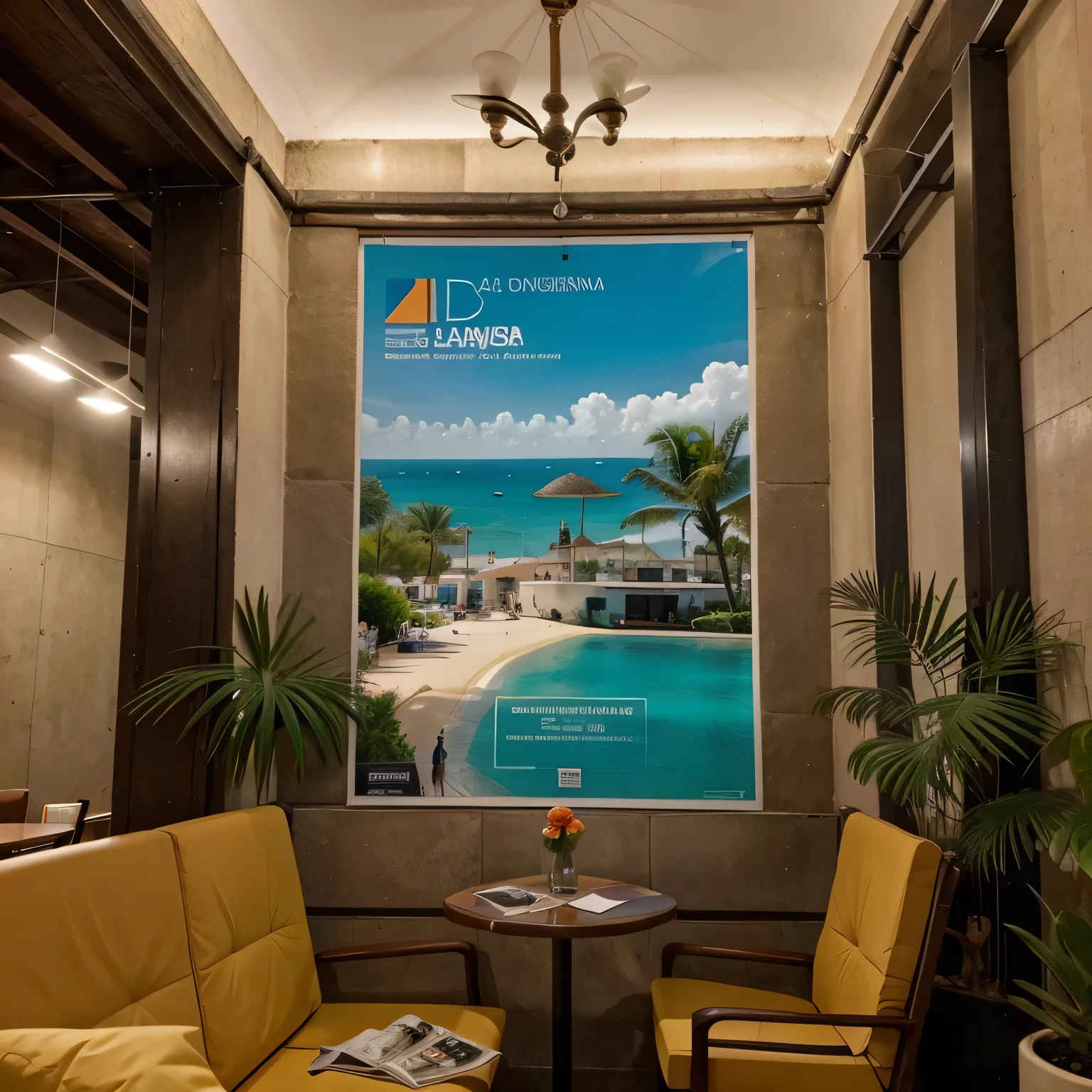 Imagina entrar en una agencia de viajes y ser recibido por una sala luminosa y acogedora. A tu derecha, hay un mostrador donde los agentes atienden a los clientes y organizan sus viajes. En las paredes, There are posters and screens showing exotic destinations and special offers. A lo largo de la sala, There are comfortable sofas and chairs where guests can sit while planning their adventures.. Al fondo, there is a table with travel brochures and catalogs for customers to consult. The atmosphere is lively and full of excitement about the possibilities of exploring the world.