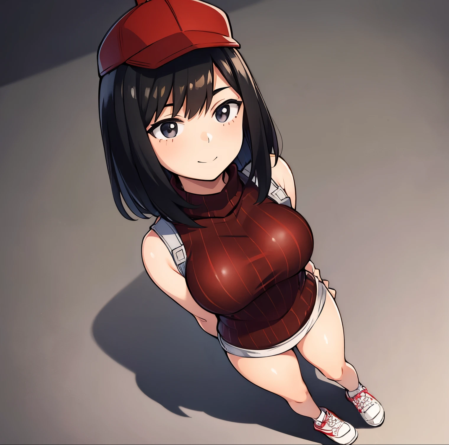 1girl, alone, yui kodai, artwork, black horse, medium hair, black eyes, smiling, embarrassed, closed mouth, teacher, best quality, (cap: 1.2), (red ribbed sweater: 1.2), red sweater ,sleeveless, (bare legs:1.2)(white sneakers: 1.2) large breasts, medium waist, wide hips, medium thighs, round butt, white boots, standing, frontal, looking at viewer, point of view (from above ), perfect hands, perfect anatomy