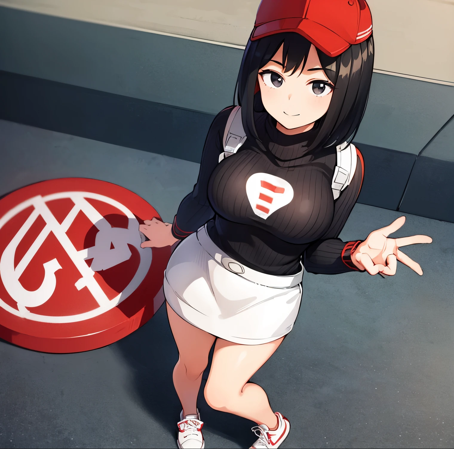 1girl, alone, yui kodai, artwork, black horse, medium hair, black eyes, smiling, embarrassed, closed mouth, teacher, best quality, (cap: 1.2), (red ribbed sweater: 1.2), red sweater ,sleeveless, (bare legs:1.2)(white sneakers: 1.2) large breasts, medium waist, wide hips, medium thighs, round butt, white boots, standing, frontal, looking at viewer, point of view (from above ), perfect hands, perfect anatomy