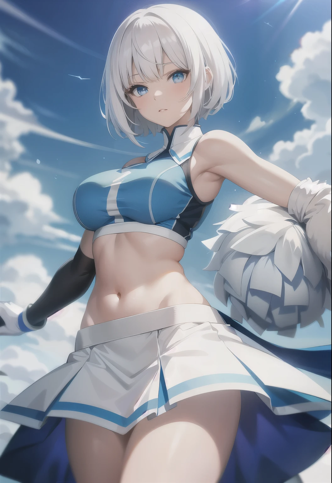anime girl, white hair, short white hair, blue eyes, white and blue cheerleader top, white and blue skirt, exposed belly, clothed, safe for work,