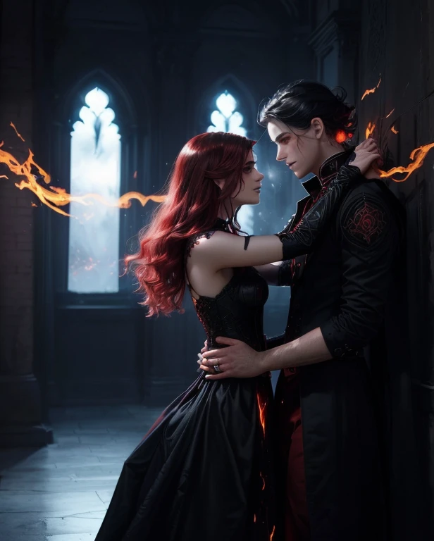 they are dressed in black and red and are posing for a photo, charlie bowater and artgeem, urban fantasy romance book cover, fantasy photoshoot, casting fire spell, charlie bowater and tom bagshaw, inspired by Magali Villeneuve, edmund blair and charlie bowater, gothic romance, ice and fire, abaddon and magali villeneuve