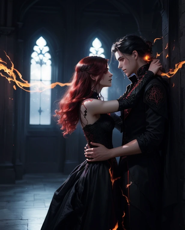 they are dressed in black and red and are posing for a photo, charlie bowater and artgeem, urban fantasy romance book cover, fantasy photoshoot, casting fire spell, charlie bowater and tom bagshaw, inspired by Magali Villeneuve, edmund blair and charlie bowater, gothic romance, ice and fire, abaddon and magali villeneuve