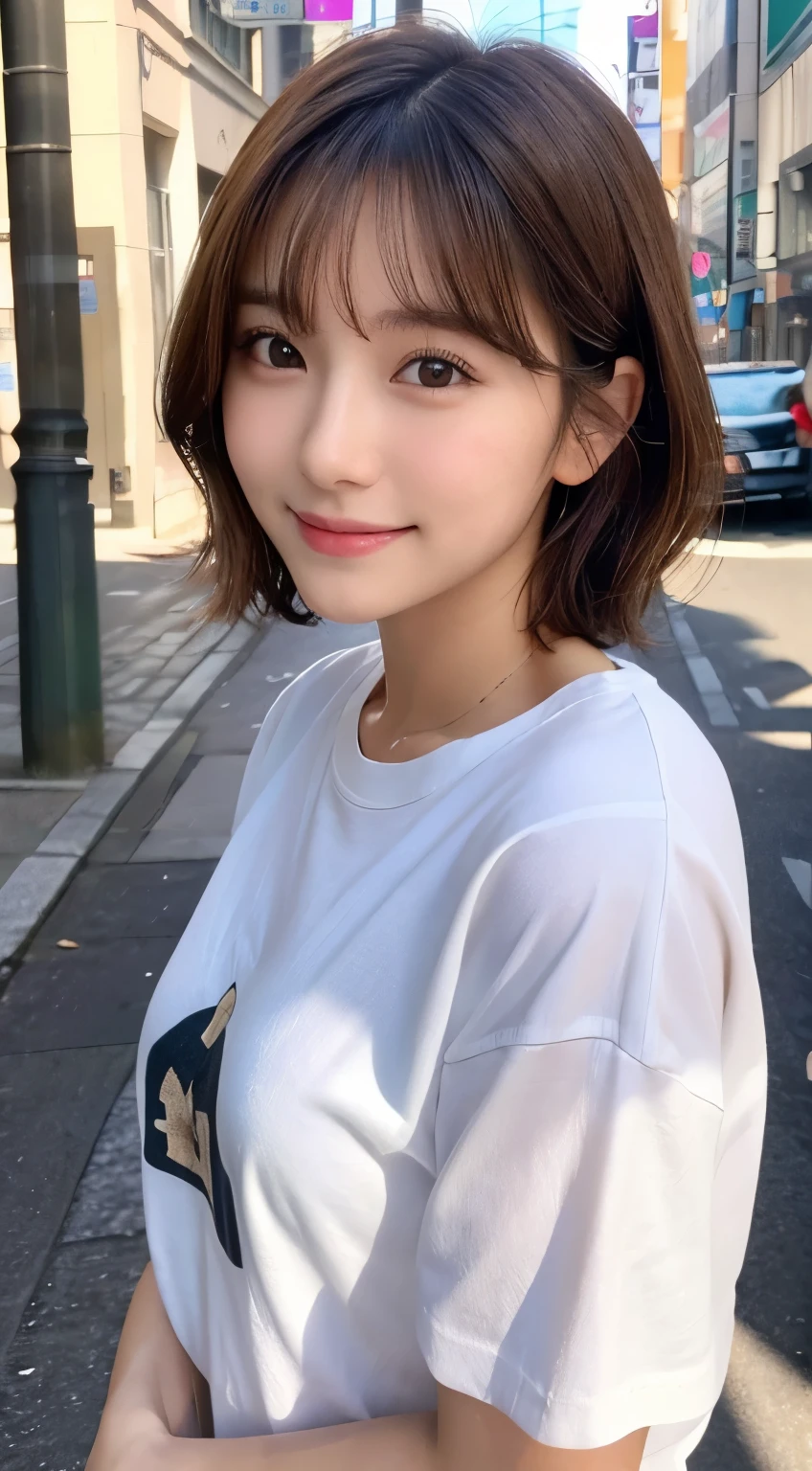 (highest quality,8K quality,masterpiece:1.3,),(超A high resolution:1.3,Photorealistic:1.4,Raw photo:1.2),(Ultra-detailed:1.2,Glowing Skin,Detailed skin:1.1),(Detailed face,Perfect Anatomy,Caustics:1.2), (Symmetrical eyes:1.3),1 girl,cute,Japanese,22 years old,Japanese Ido,Natural brown hair,Short hair curled outwards,cute目,Natural Makeup,Oversized T-shirt,Laughter,Looking at the camera,On the face,Face Focus,Street Corner,Professional Writing,Natural soft light,