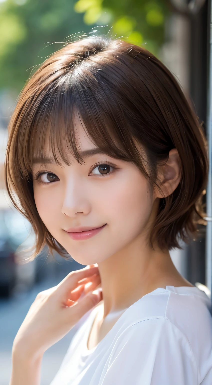(highest quality,8K quality,masterpiece:1.3,),(超A high resolution:1.3,Photorealistic:1.4,Raw photo:1.2),(Ultra-detailed:1.2,Glowing Skin,Detailed skin:1.1),(Detailed face,Perfect Anatomy,Caustics:1.2), (Symmetrical eyes:1.3),1 girl,cute,Japanese,22 years old,Japanese Ido,Natural brown hair,Short hair curled outwards,cute目,Natural Makeup,Oversized T-shirt,Laughter,Looking at the camera,On the face,Face Focus,Street Corner,Professional Writing,Natural soft light,