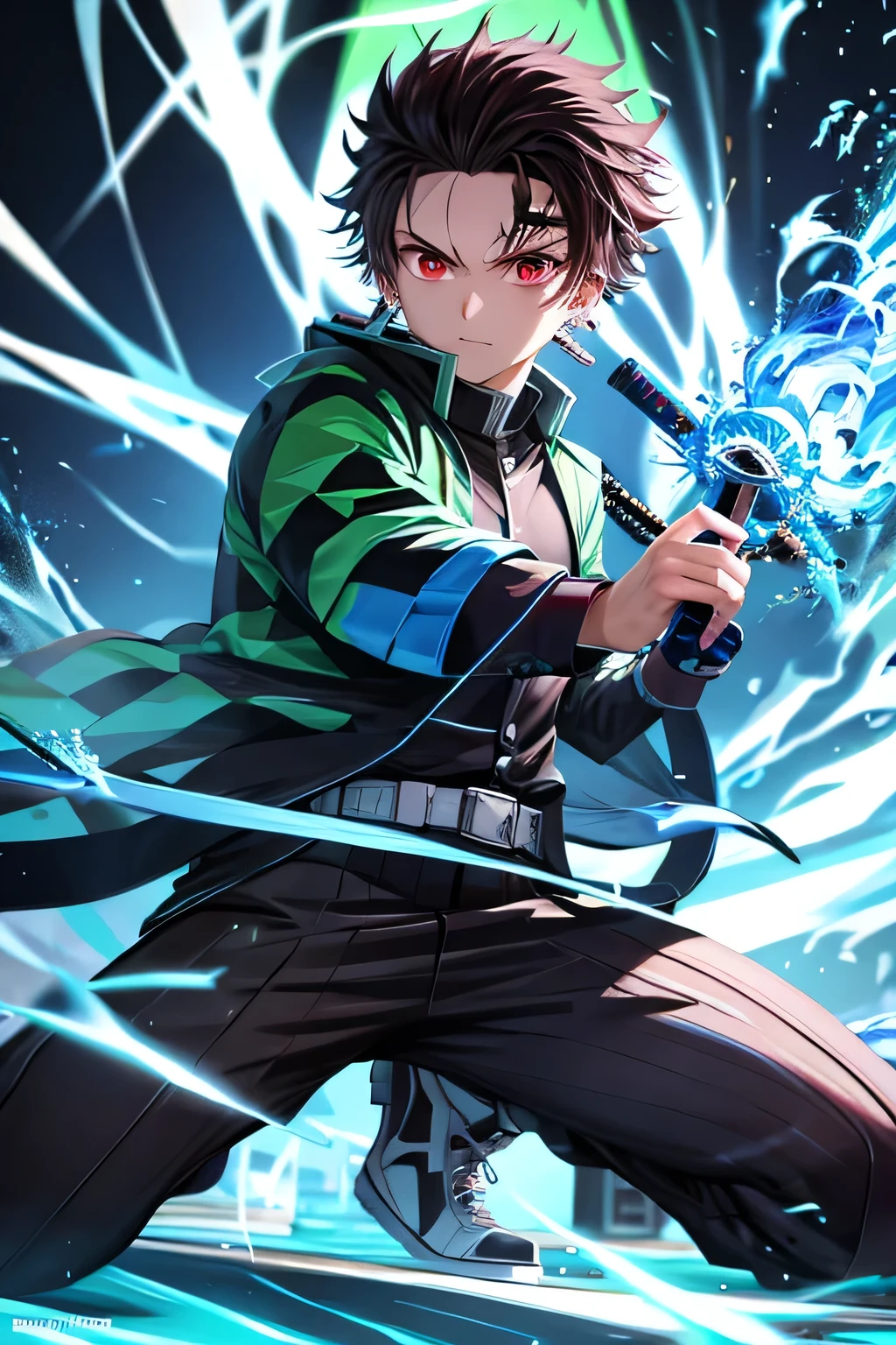 tanjiro wearing light green cyberpunk jacket, blue sword, blue fire and aura around him, cyberpunk theme, 4k, ultra sharp